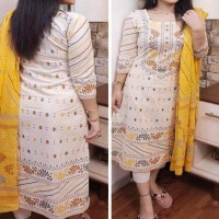 Yellow Color Cushion Cotton Unstitched Screen Print Three Pics for Woman